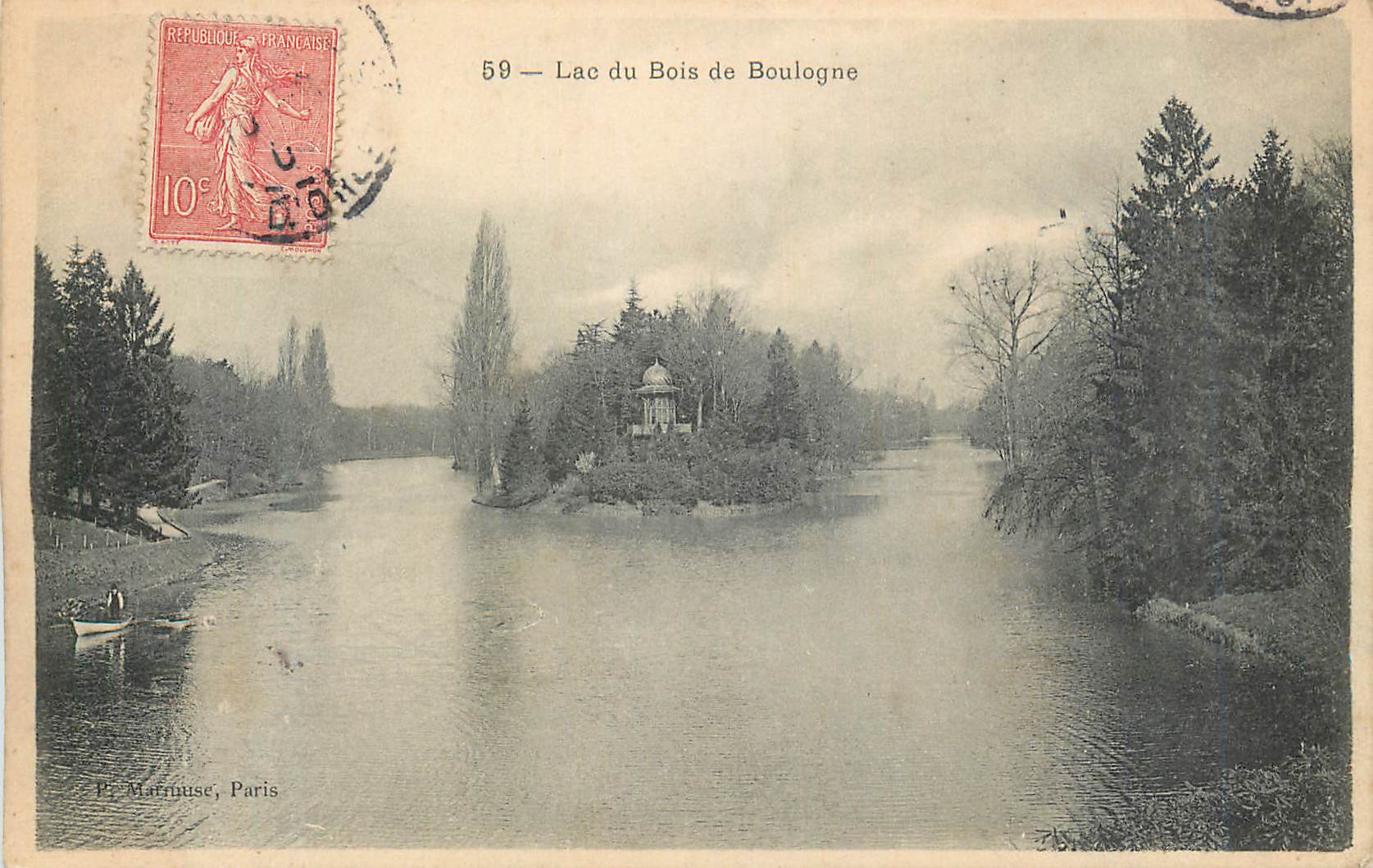 Lake of the Bois de Boulogne — view of the lake with kiosk and boat — P. Marmuse, Paris, no. 59