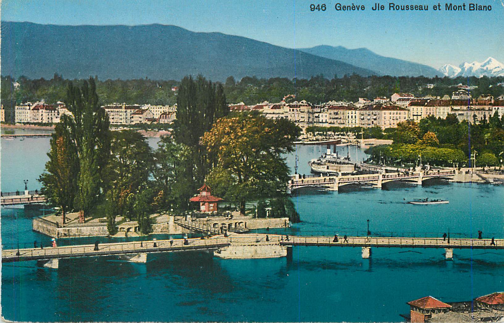 CPA Geneve Jle Rousseau et Mont Blanc