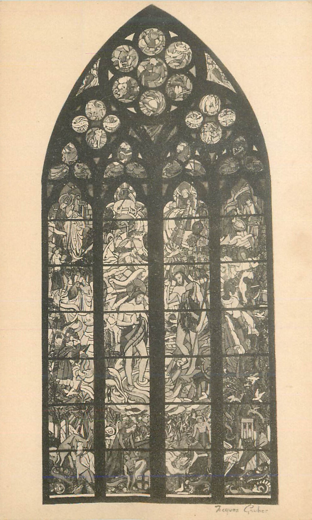 Vitrail de l'église Saint-Pierre — œuvre de Ricoeus Gruber — gravure monochrome