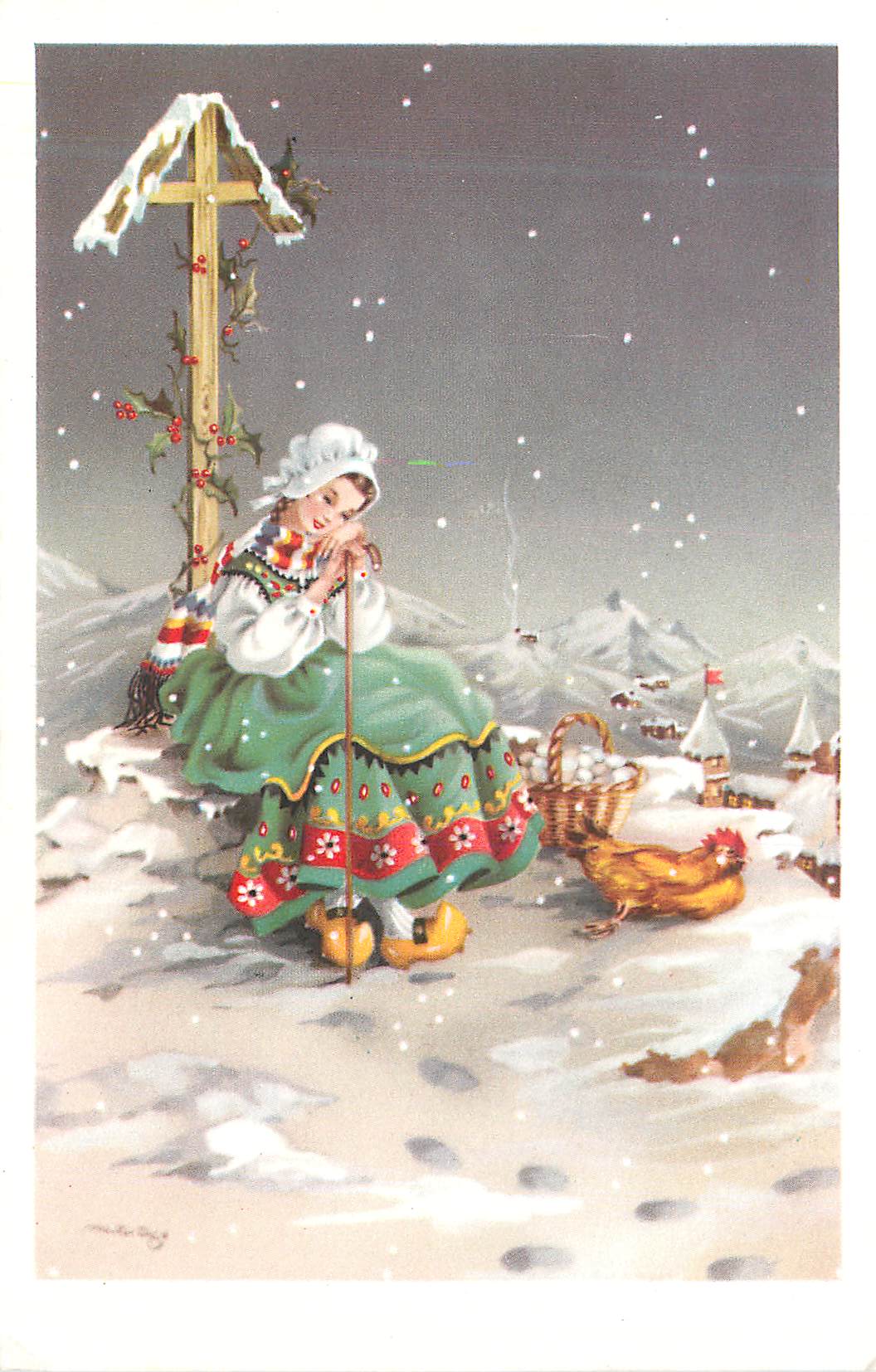 Femme en costume traditionnel — prière devant un croix enneigée — éditeur non visible
