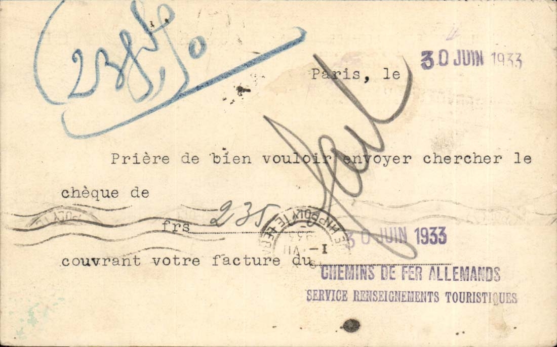 Carte Chemins de fer allemands Services renseignements touristiques 22 place MAdeleine Paris Avenue opera 1933