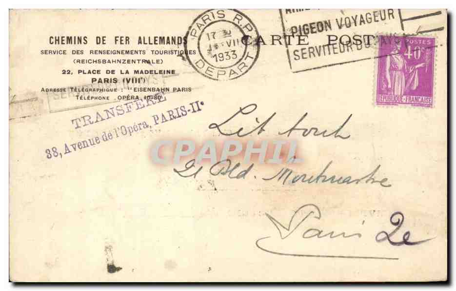 Carte Chemins de fer allemands Services renseignements touristiques 22 place MAdeleine Paris Avenue opera 1933 — Verso