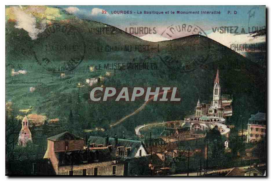Lourdes CPA La basilique et le monument interallie