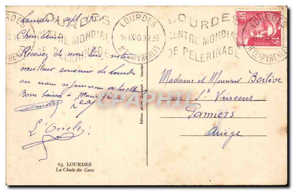 Lourdes CPA La chute du Gave — Verso