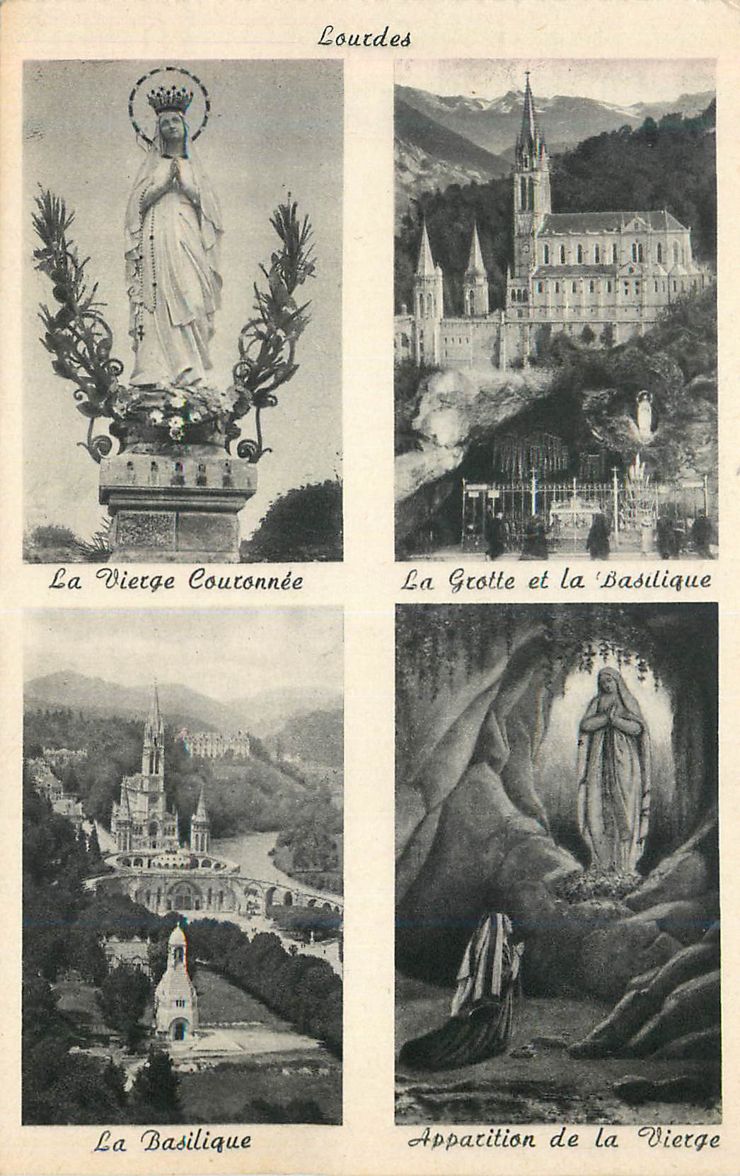 CPA Lourdes Multivue La vierge couronnee La grotte et la basilique La basilique Apparition de la vierge