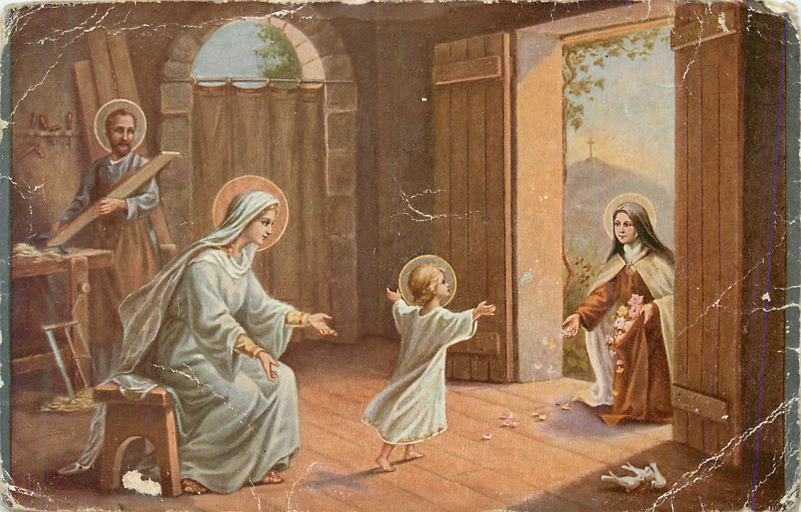 CPA Ste Therese de l'Enfant Jesus jetant des fleurs sous les pas de l'Enfant Jesus (Tableau allegorique)