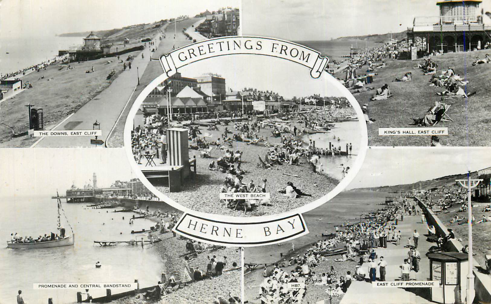 CPM Greetings from Herne Bay The downs East Cliff Promenade and central Bandstand King's hall East Cliff 