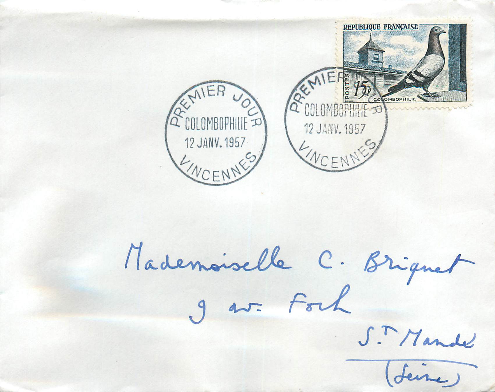 FDC Colombophilie Vincennes 12 janv 1957 pour St Mande