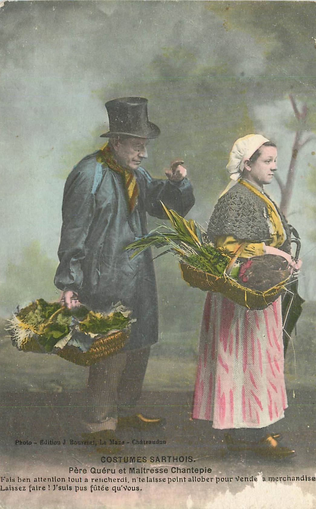 CPA Costumes Sarthois Pere Queru et Maitresse Chanteple Folklore