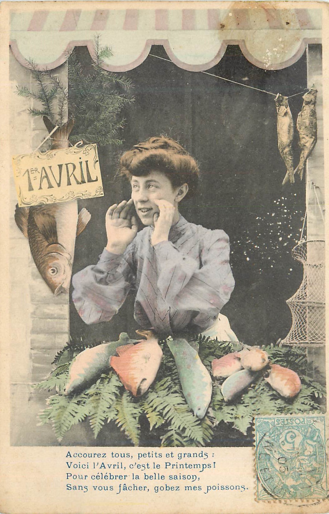 CPA Femme 1er Avril Poissons