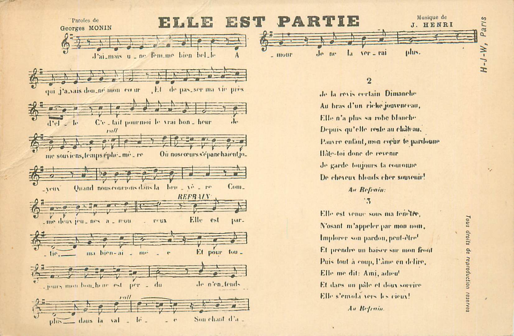 Elle est partie — Paroles de Georges Monin, Musique de J. Henri, Paris — H.-J.-W.