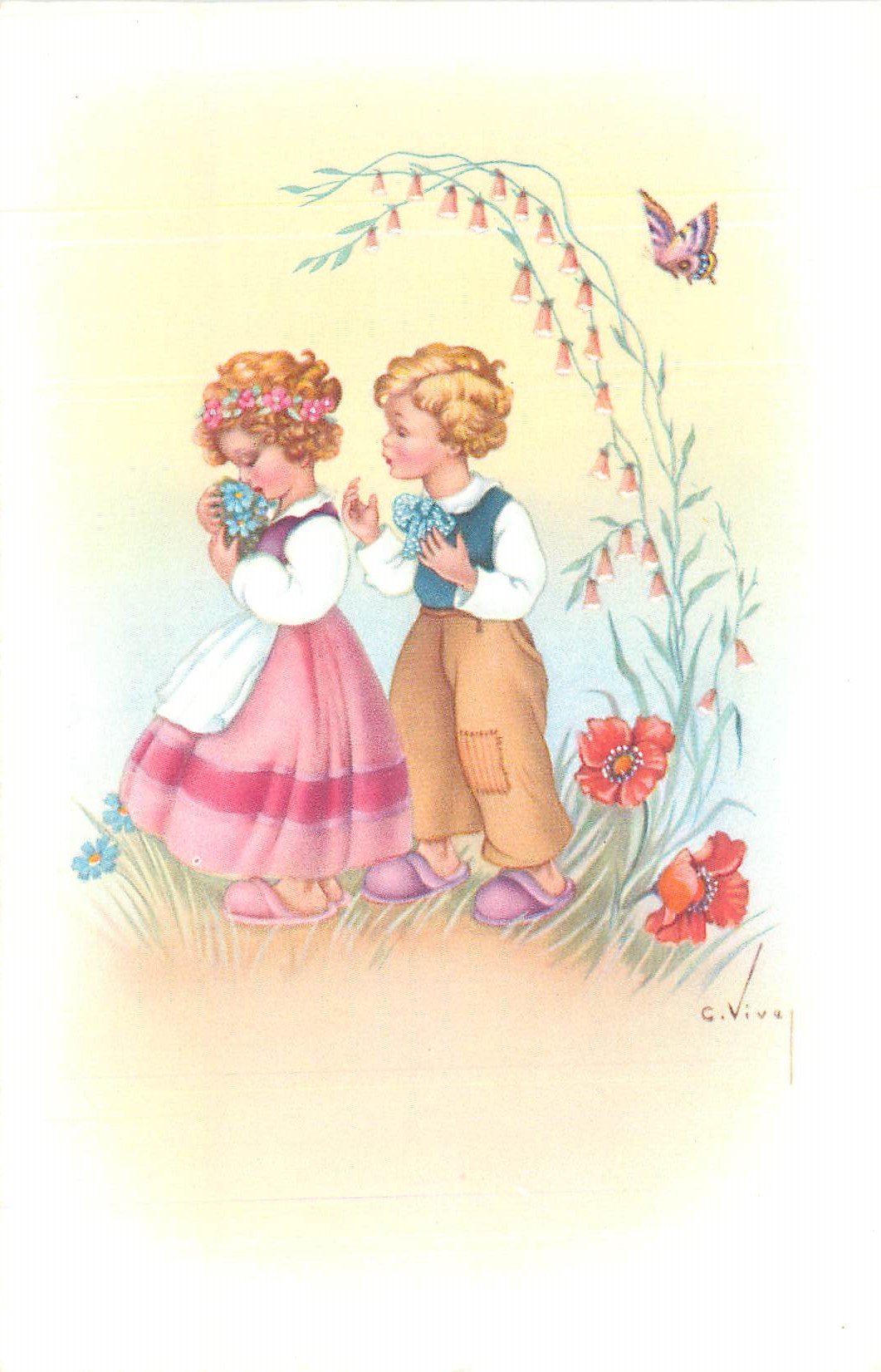 CPA Enfants Papillon Fleurs
