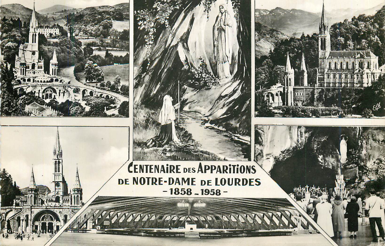 CPM Centenaire des Apparitions de Notre Dame de Lourdes 1858 1958 La Basilique La Grotte Miraculeuse et Interieur de la 