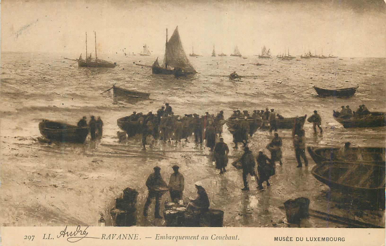 CPA Ravanne Embarquement en Couchant Musee du Luxembourg Bateaux de peche