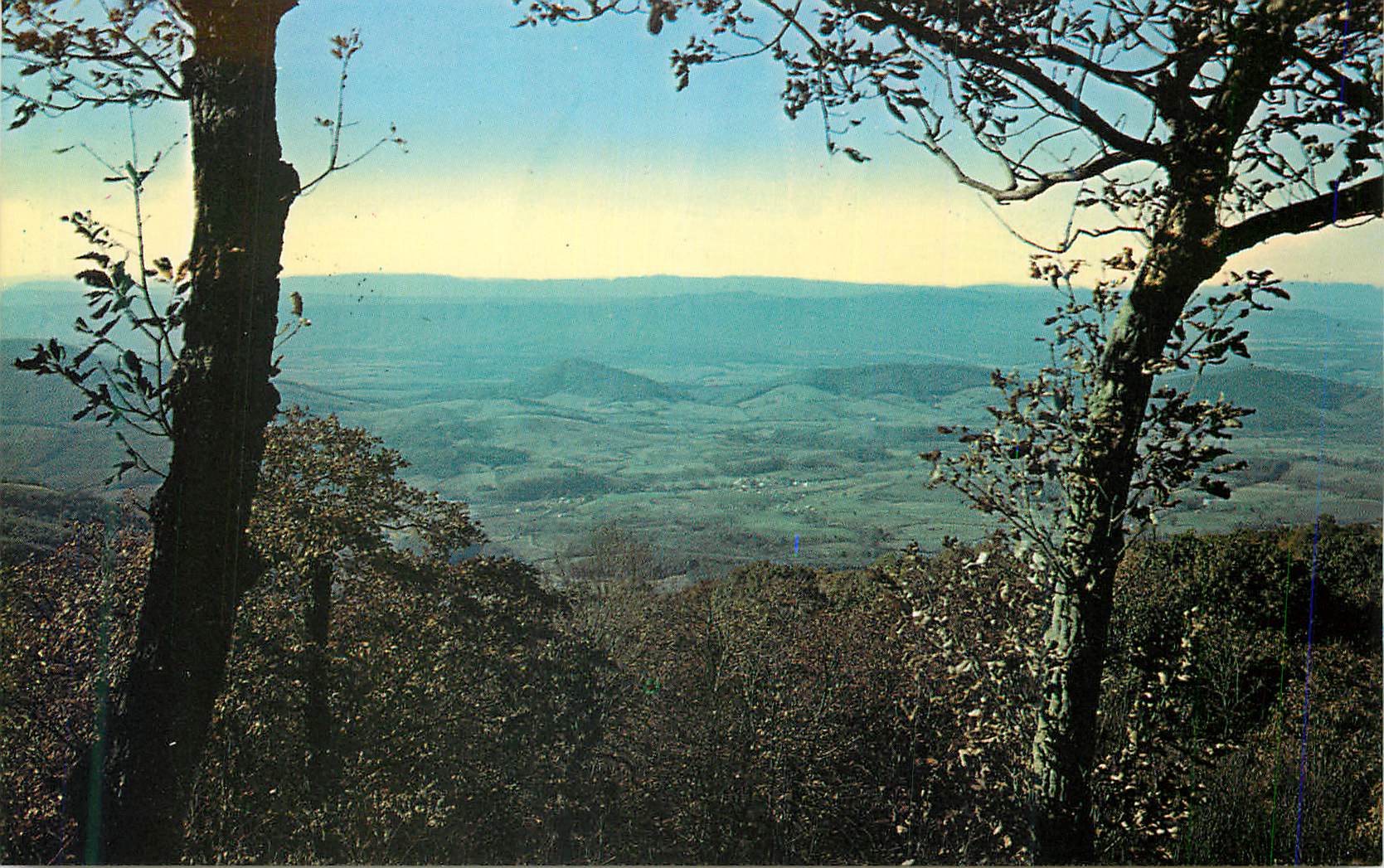 CPM A Tiny Village Viewed from the skyline Drive nestles in the valley between the Massanutten and the bleu Ridge Mounta