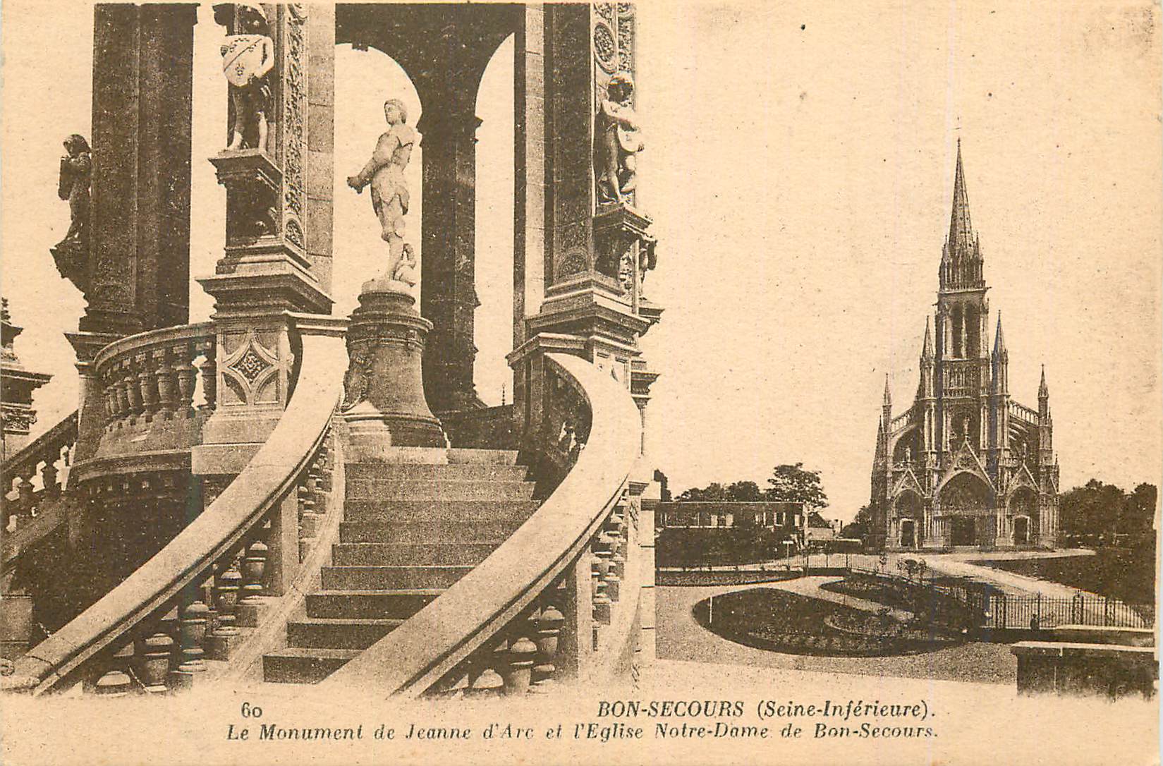 CPA Bon Secours (Seine Inferieure) Le Monument de Jeanne d'Arc et l'Eglise Notre Dame de Bon Secours