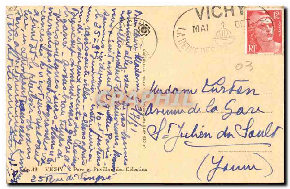 Vichy CPA Parc et pavillon des CElestins — Verso