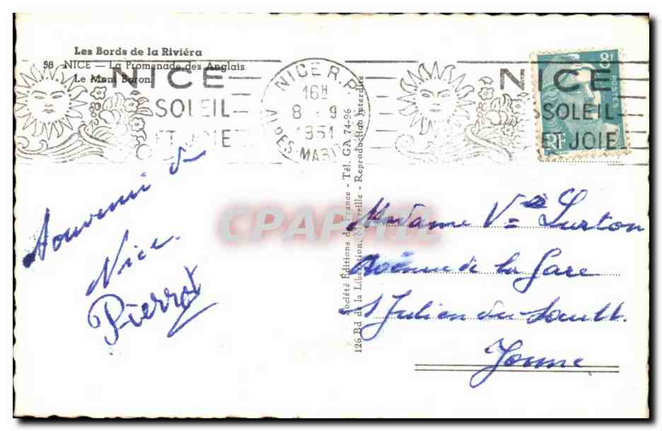 Nice CPM La promenade des Anglais Le Mont Boron — Rückseite