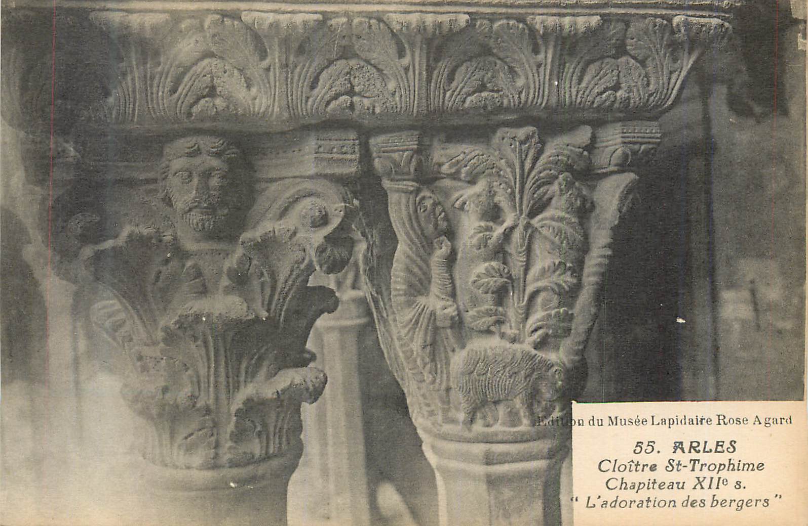 Cloître St-Trophime — Chapiteau XIIe s. — L'adoration des bergers — Édition du Musée Lapidaire Rose Agard