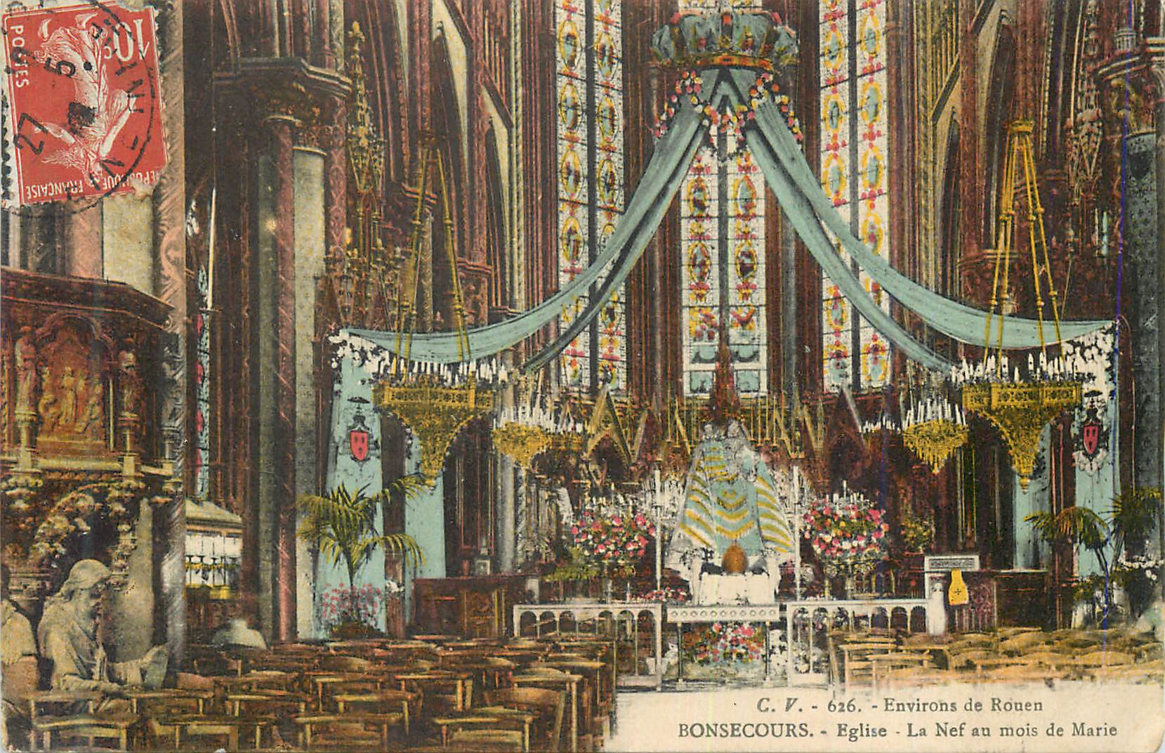 CPA Environs de Rouen Bonsecours Eglise La Nef au Mois de Marie