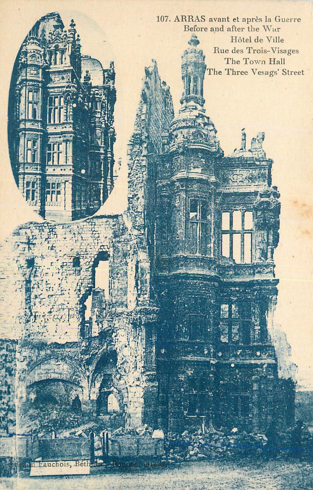 CPA Arras avant et apres la Guerre Hotel de Ville Rue des Trois Visages Militaria