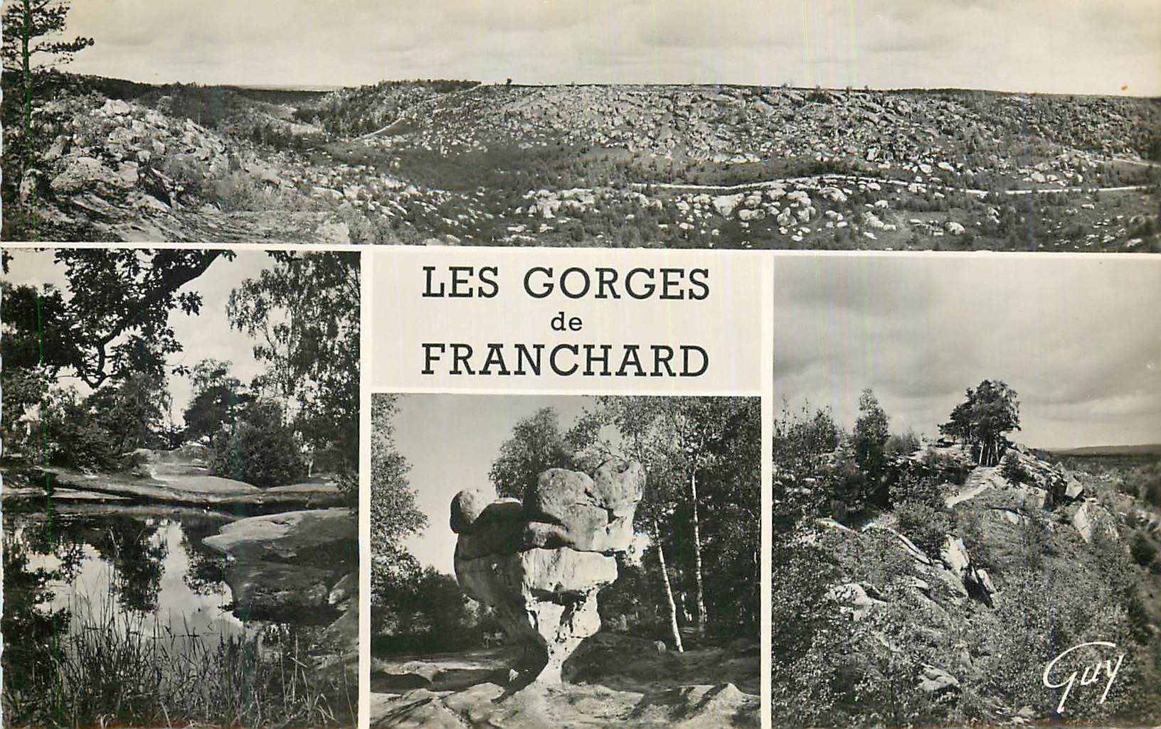 Les Gorges de Franchard — panoramic view and rocky details — publisher Guy