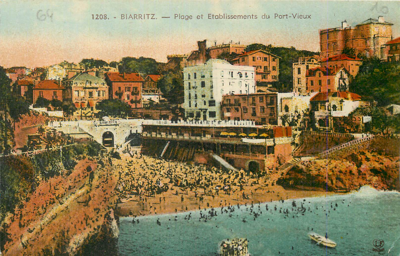 Biarritz — Plage et Établissements du Port-Vieux — Éditeur : L. Dufour, n° 1208