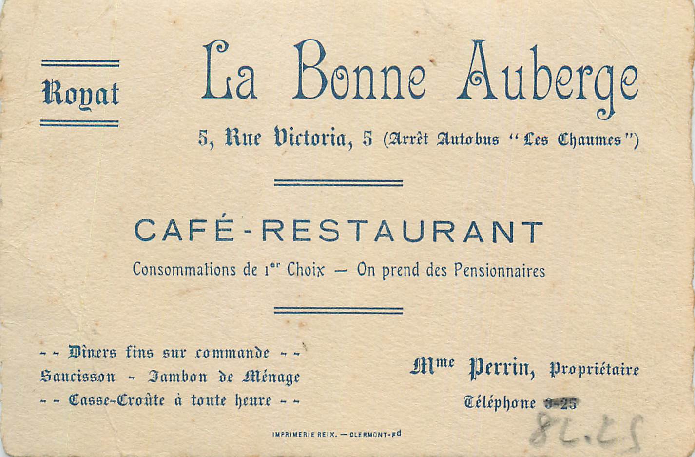 Carte de visite La Bonne Auberge Royat Rue Victoria Cafe Restaurant