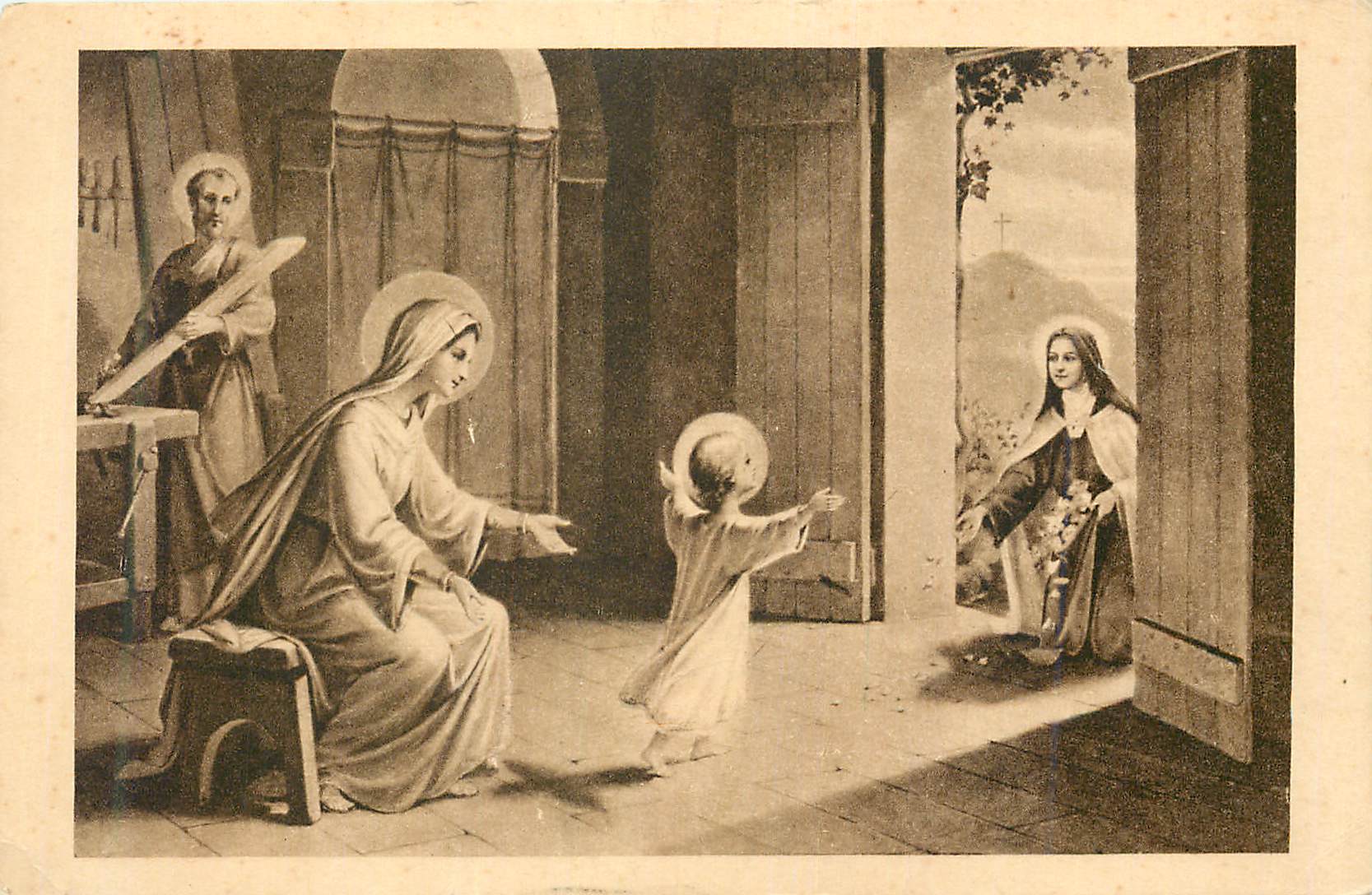 CPA Ste Therese de l'Enfant Jesus jelant des fleurs sous les pas de l'Enfant Jesus (Tableau allegorique)