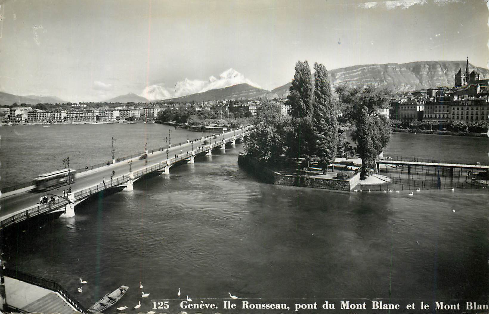 CPM Geneve Ile Rousseau pont du Mont Blanc et le Mont Blanc