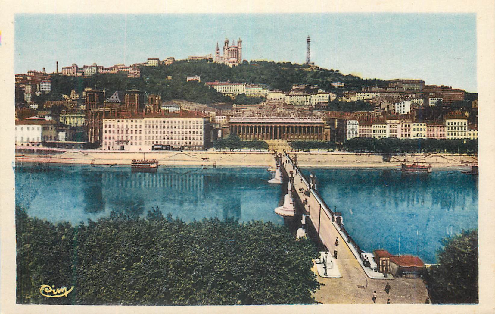 Vue de Lyon — Pont de la Guillotière et colline de Fourvière — Éditeur C. Vuy