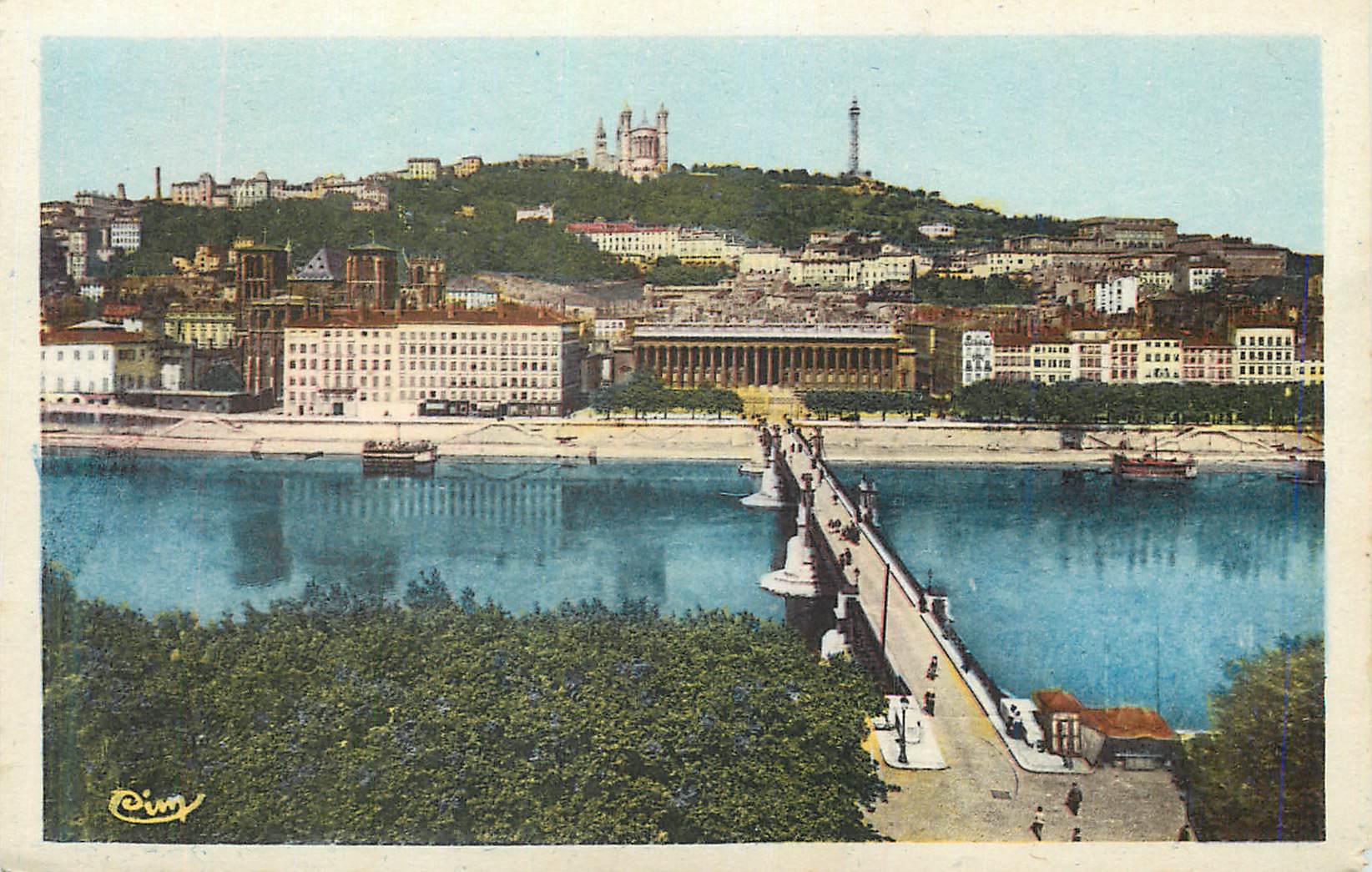 Vue de Lyon — Pont de la Guillotière et colline de Fourvière — éditeur C. Ewig