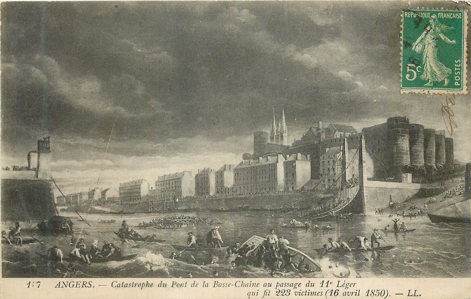 CPA Angers Catastrophe du Pont de la Basse Chaine au passage du 11e Leger qui fit 223 victimes (16 avril 1850)