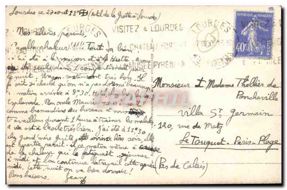 Lourdes CPA Le chateau fort et le Gave — Verso