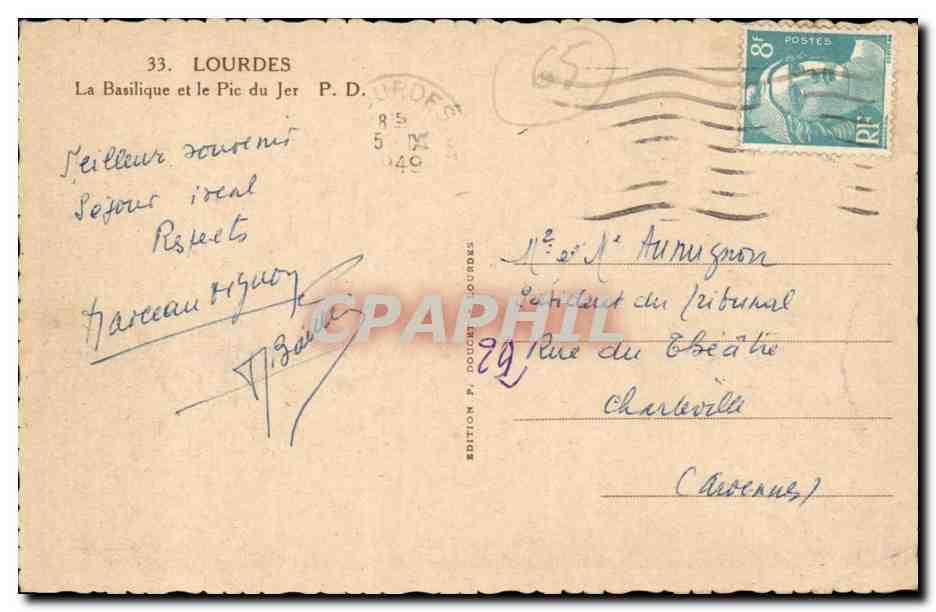 Lourdes — La Basilique et le Pic du Jer — Édition P. Dourdes n°33 — Verso