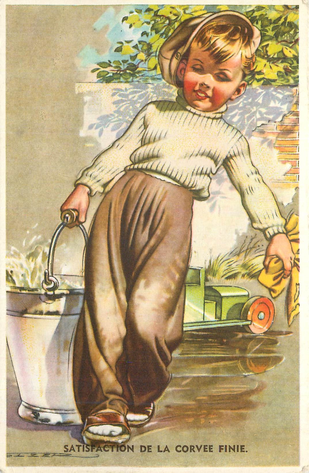 CPA Satisfaction de la corvee finie Automobile Enfant