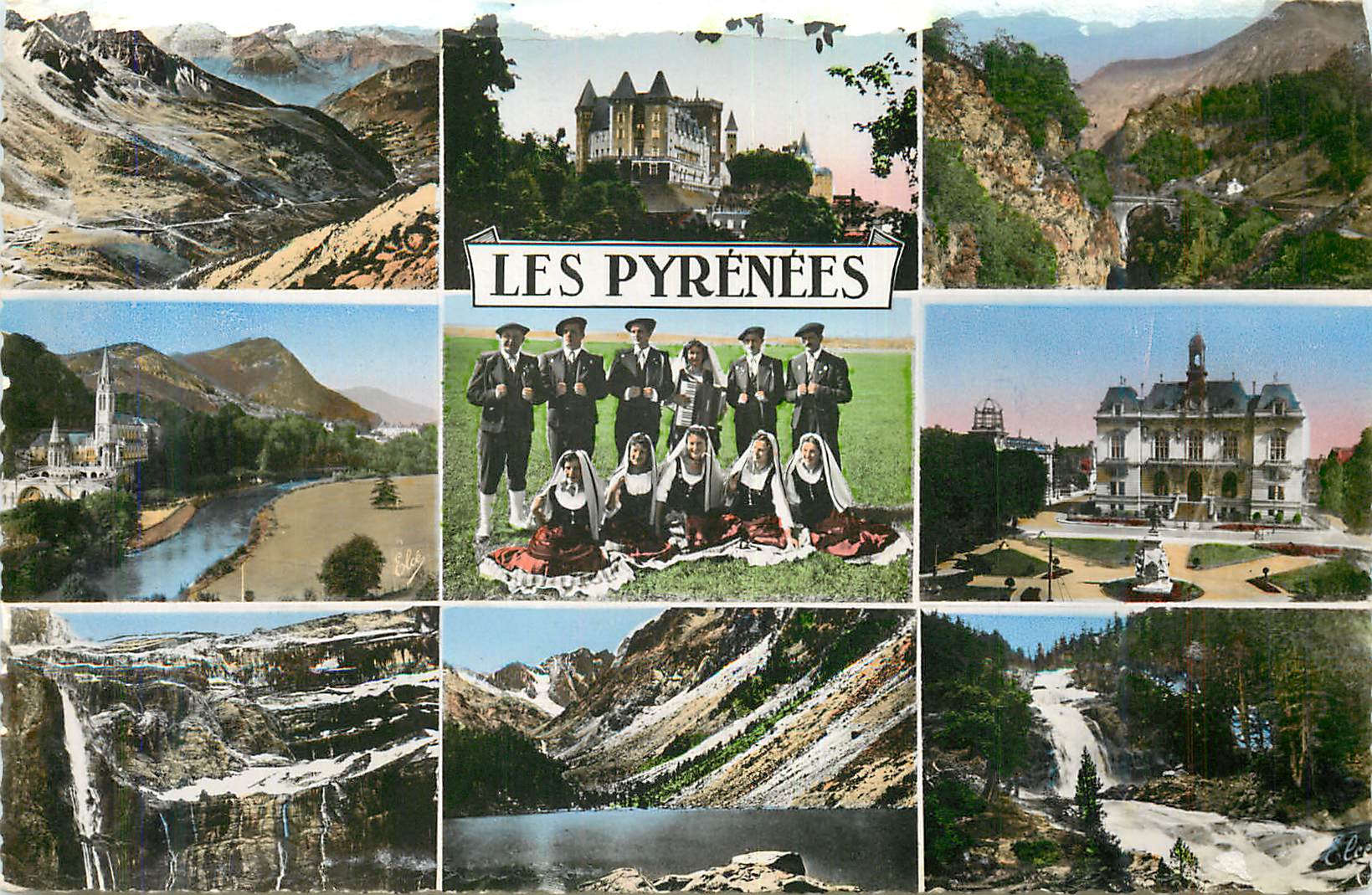 CPM Les pyrenees Route du Tourmalet Lourdes La basilique Pau Le château Tarbes Le pont Napoleon