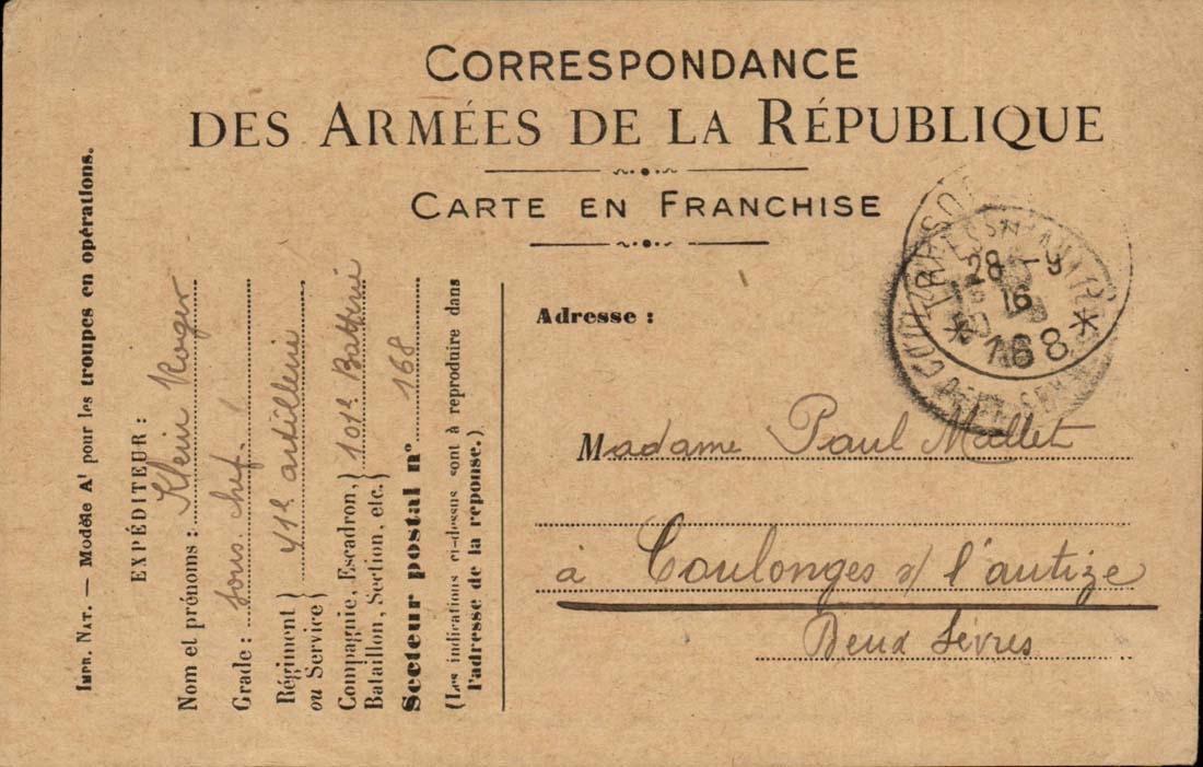 Correspondance des Armées de la République — Carte en franchise — Expéditeur : Klein Roger — Adresse : Madame Paul Mallit à Coulonges-l'Autize