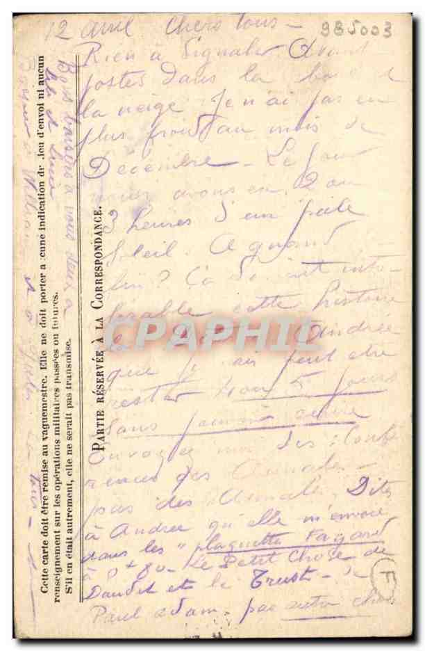 Correspondance des Armées de la République — Carte en franchise — Expéditeur : Caporal Chalard — Adresse : M. Gillaum, 66 Rue la Boëtie, Paris — Verso