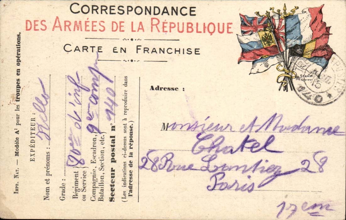 Correspondance des Armées de la République — Carte en franchise — Expéditeur : 'M. de l'inf. 82e camp 2440' — Destinataire : M. Châtel, 28 Rue Lormel, Paris
