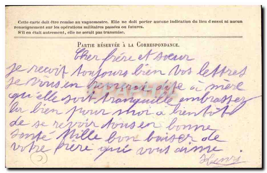 Correspondance des Armées de la République — Carte en franchise — Expéditeur : 'M. de l'inf. 82e camp 2440' — Destinataire : M. Châtel, 28 Rue Lormel, Paris — Rückseite