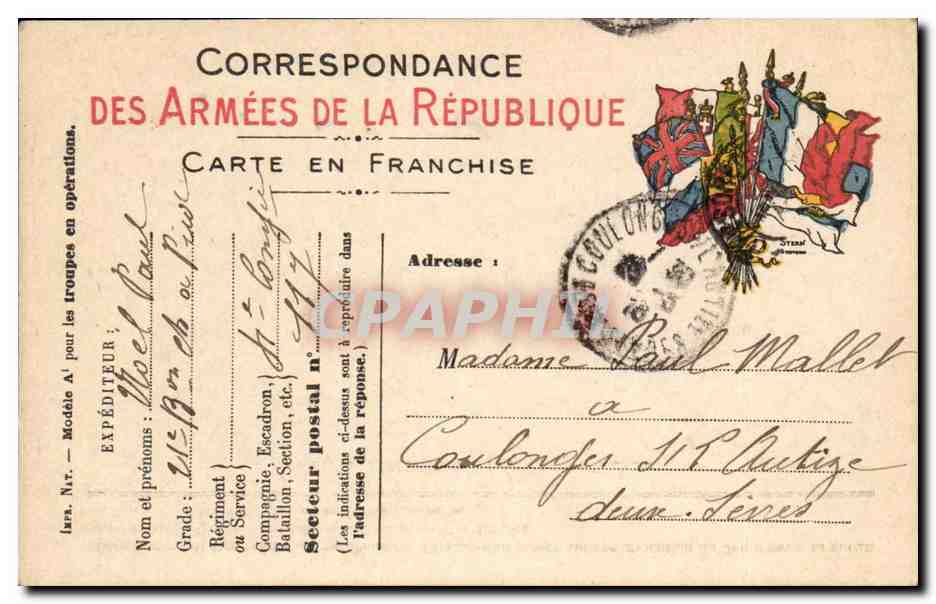 Carte de Correspondance des armees Mallet Coulanges sur Autize Deux Sevres Noel Paul
