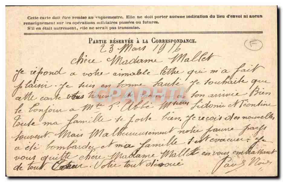 Carte de Correspondance des armees Mallet Coulanges sur Autize Deux Sevres Noel Paul — Rückseite