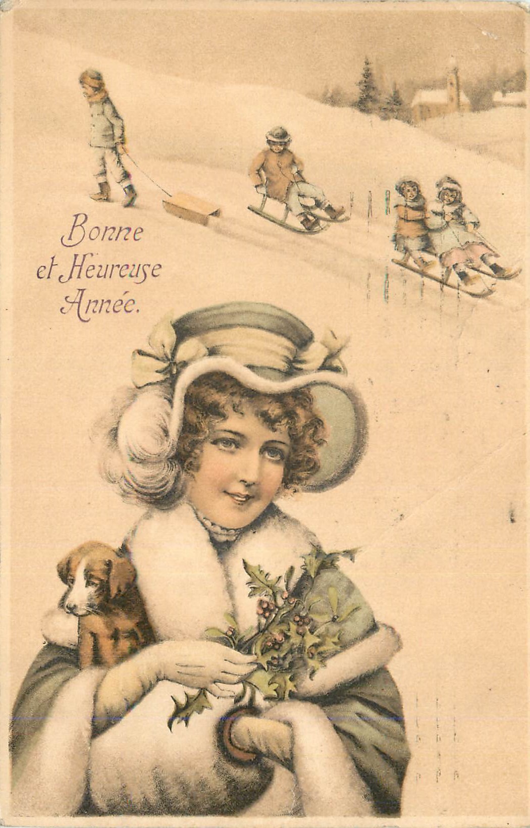 CPA Bonne et Heureuse Annee Luge