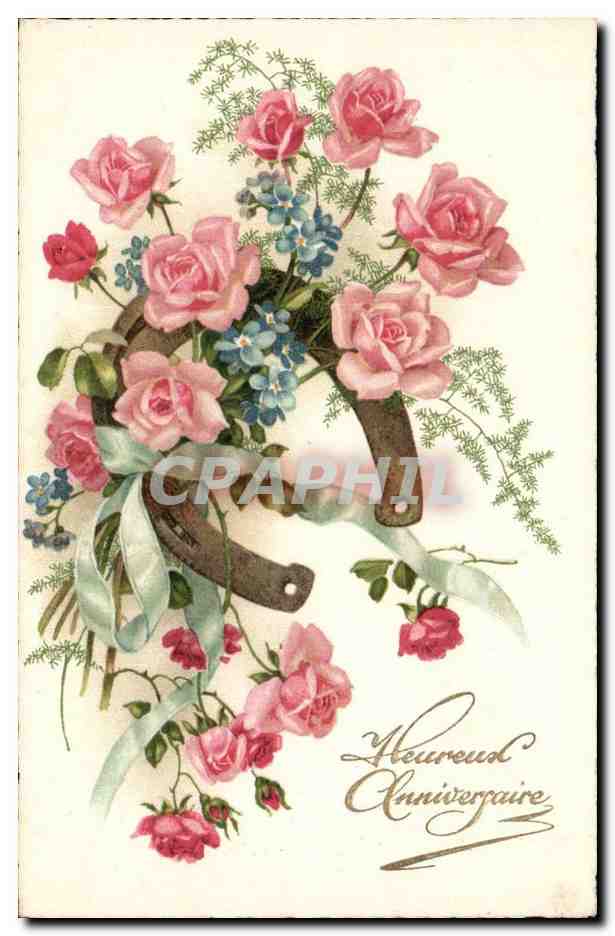 CPA Fantaisie Heureux anniversaire (fleurs) Fer a cheval