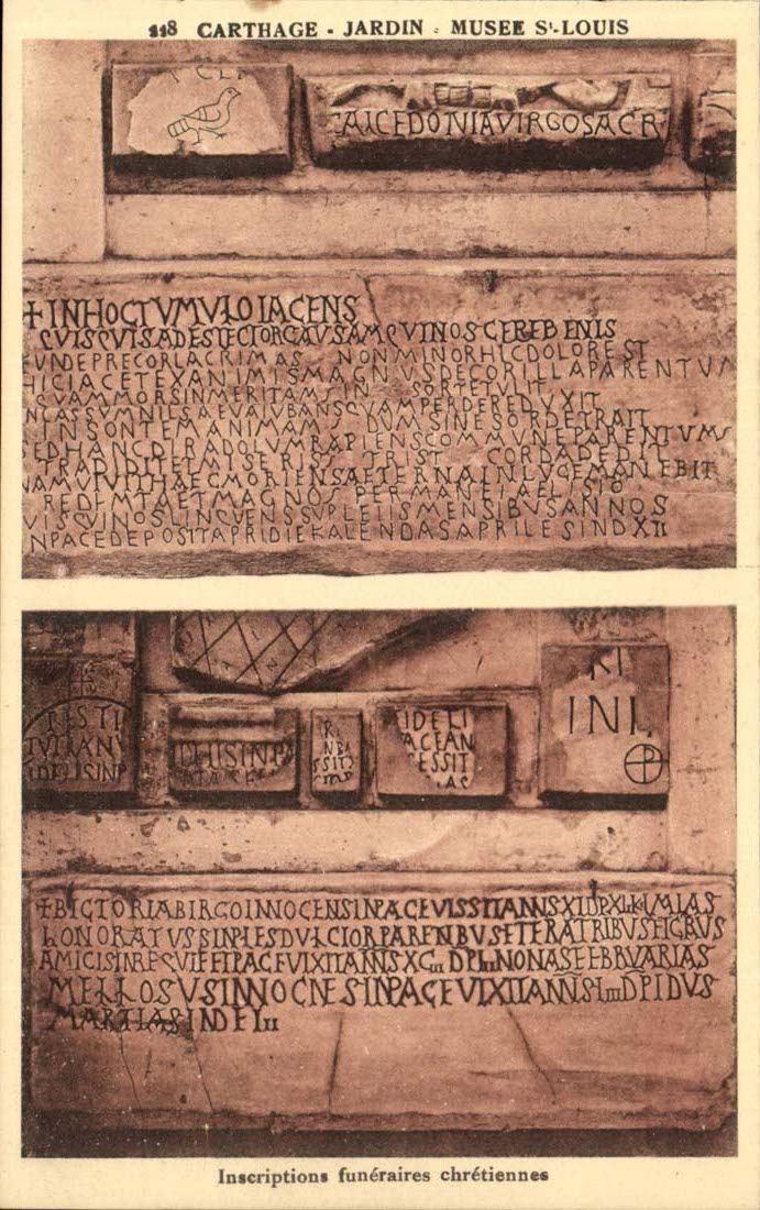 Tunisie Carthage CPA Jardin Musee St Louis inscriptions funeraires chretiennes
