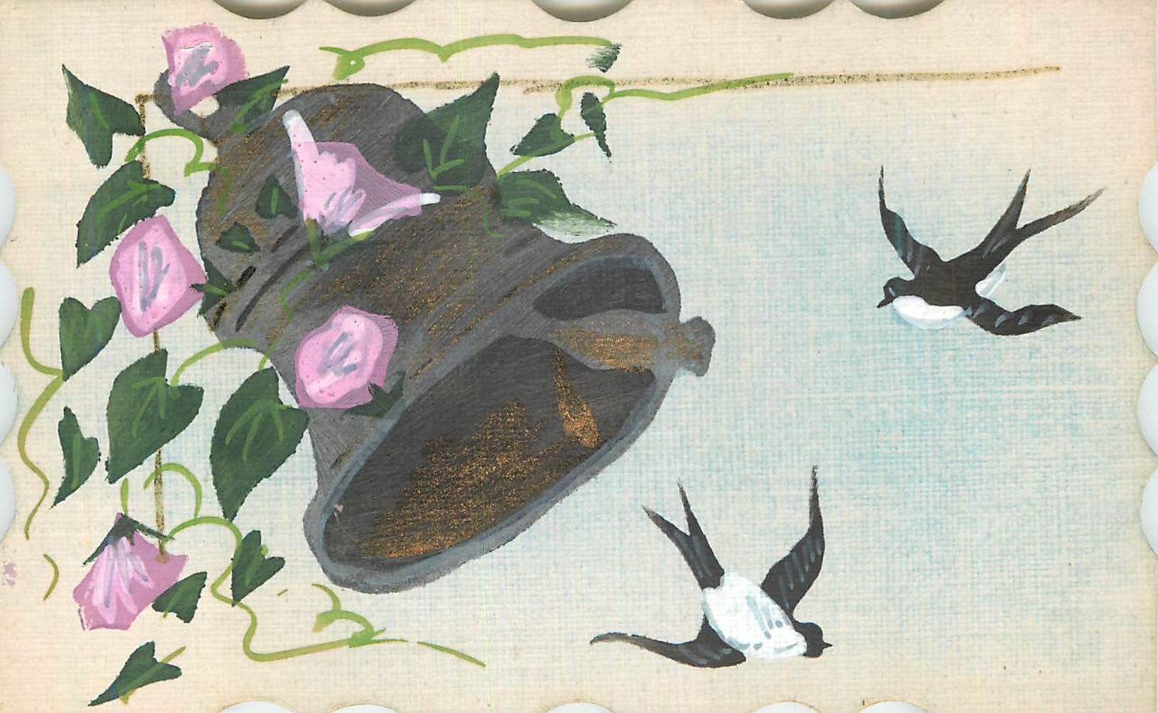 Klok omringd door wijnranken en vogels — illustratie — uitgever en serie-nummer niet leesbaar