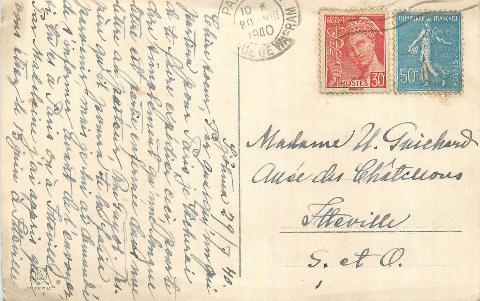 Carte Paris Mercure 50c + Semeuse 50c 1940 pour Seine et Oise