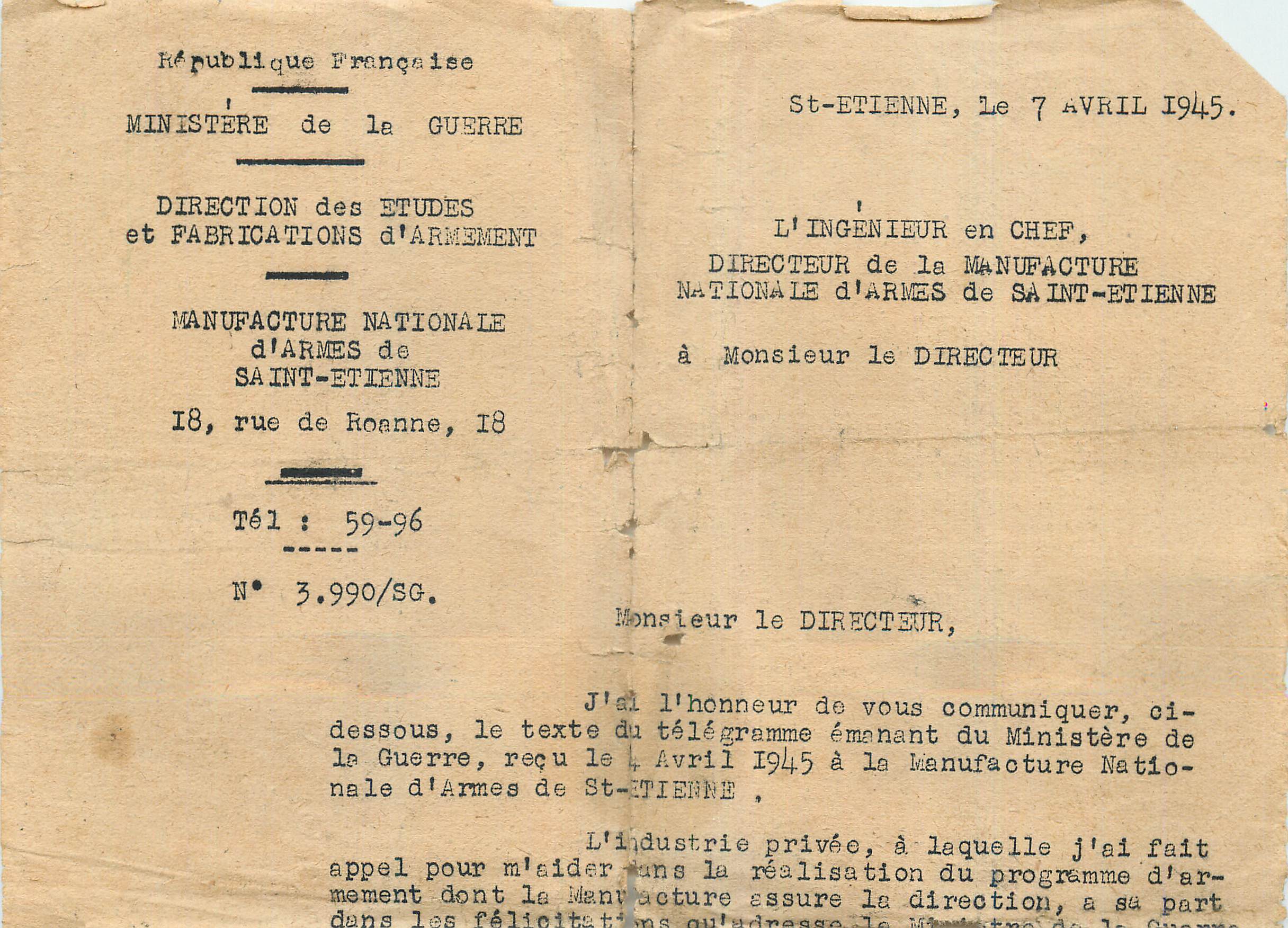 Lettre Dactylographiee De Gaulle St Etienne le 7 Avril 1945 L Ingenieur en Chef Directeur de la Manufacture Nationale d 