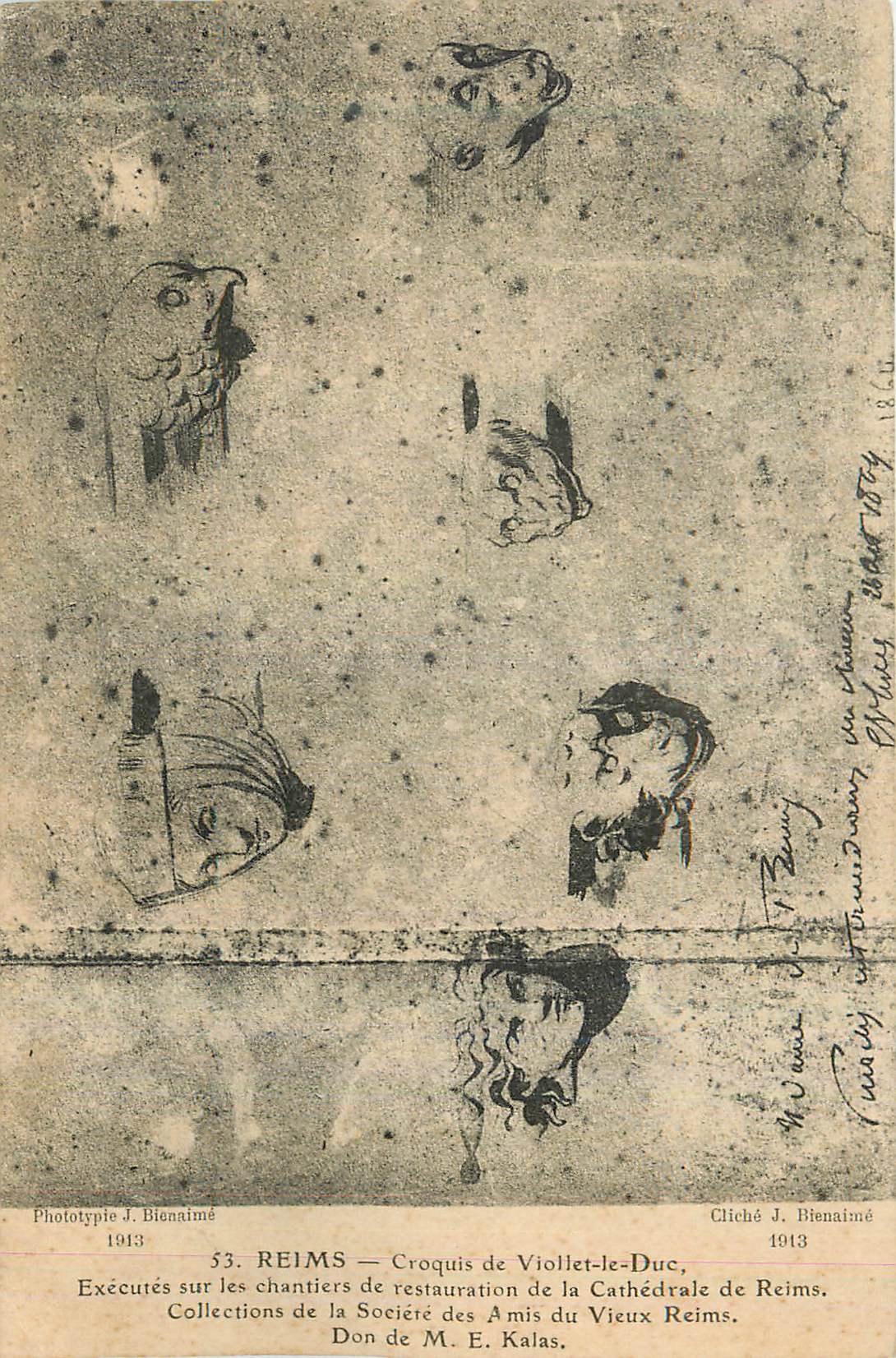 CPA Reims Croquis de Viollet le Duc Executes sur les chantiers de restauration de la Cathedrale de Reims